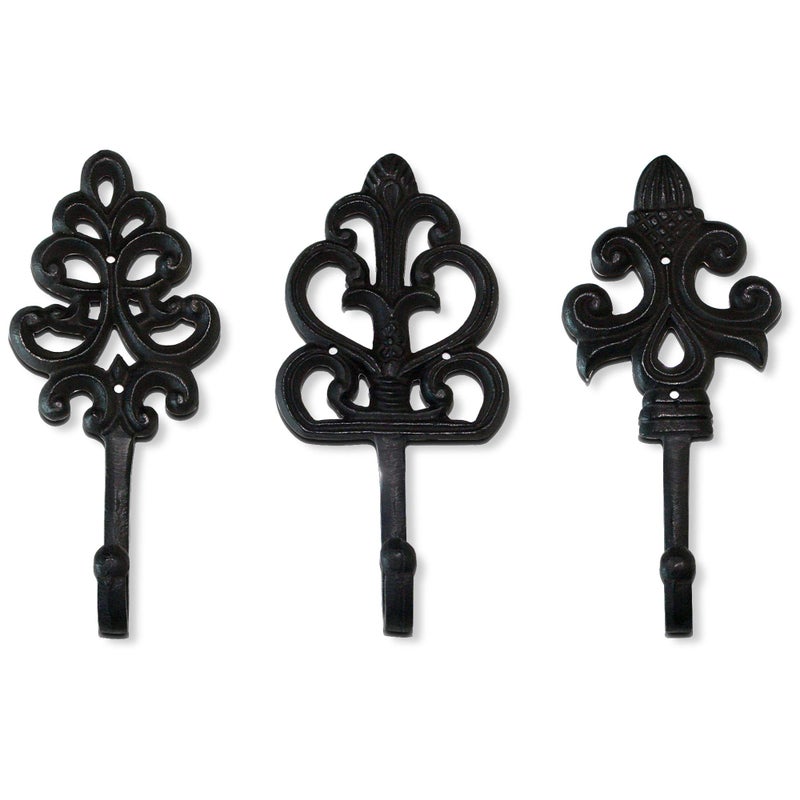 Wallcharmers Set of 3 Rustic Decorative Wall Hooks 8â€ | Victorian Shabby Chic Fleur De Lis Antique Towel Hooks for Hanging | Gothic Cast Iron Farmhouse Indoor Outdoor Key, Dog Leash, & Towel Hanger - Image 1